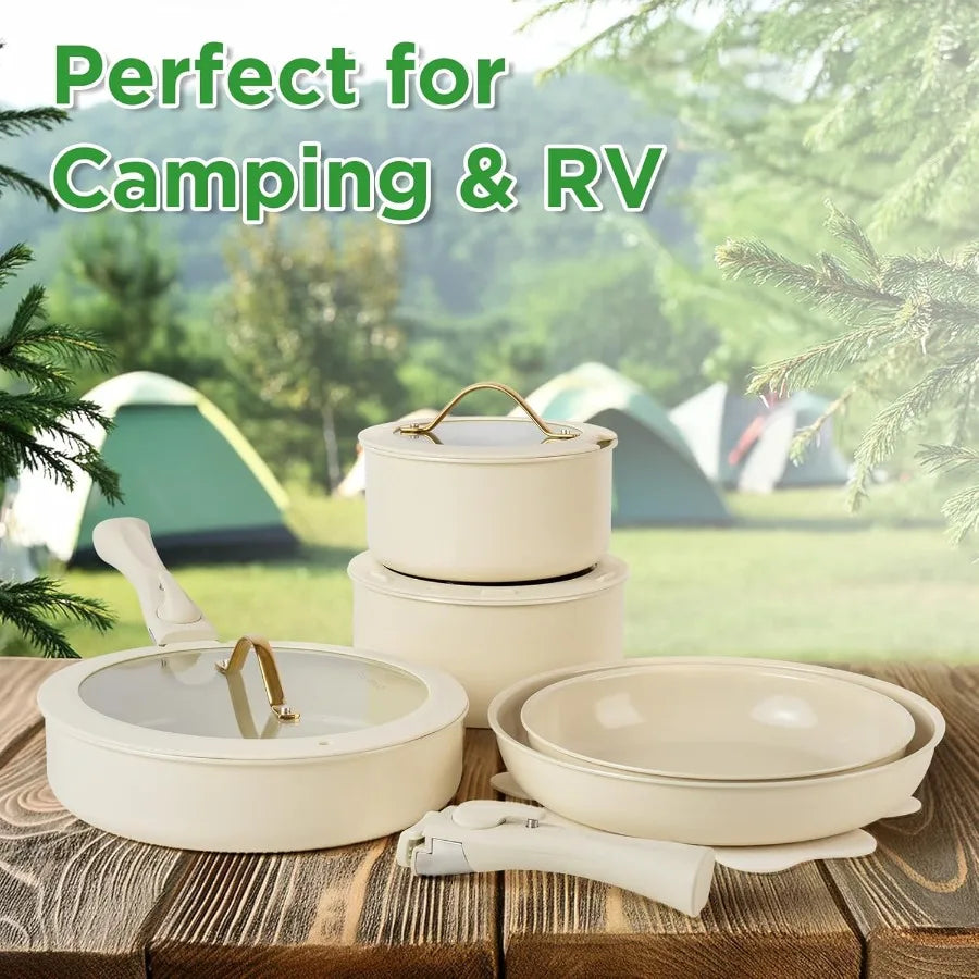20pcs Ceramic Cookware Set Nonstick Detachable Handle Pots and Pans Set RV Kitchen Set
