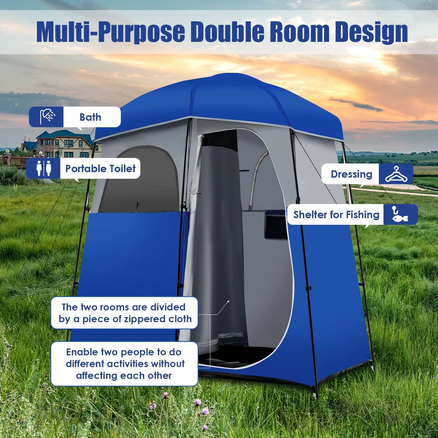 Portable Camping Shower Toilet Tent with Floor and Storage Bag for Double Room Use