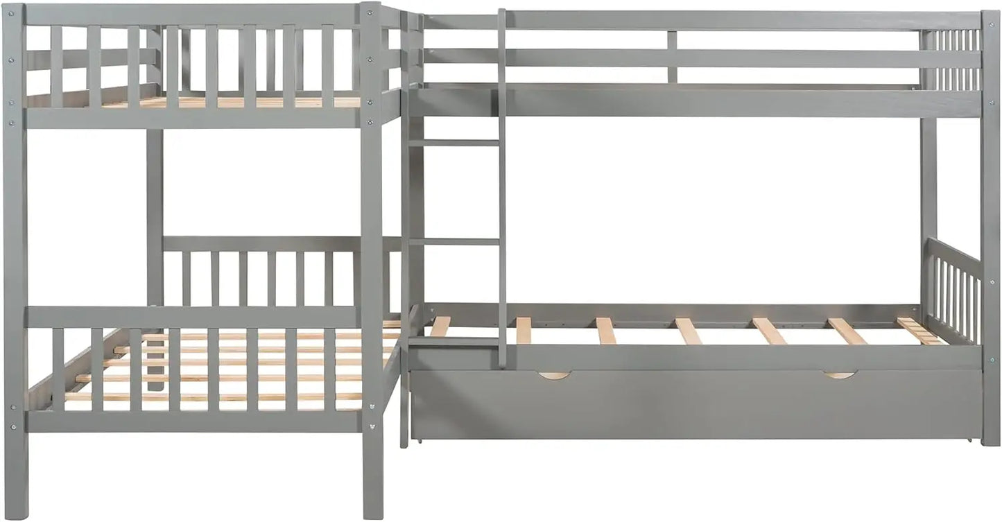 Wooden L Shaped Twin Quad Bunk Bed/Storage Drawers Space-Saving Corner L-Shaped Quadruple 4 Twin Bed