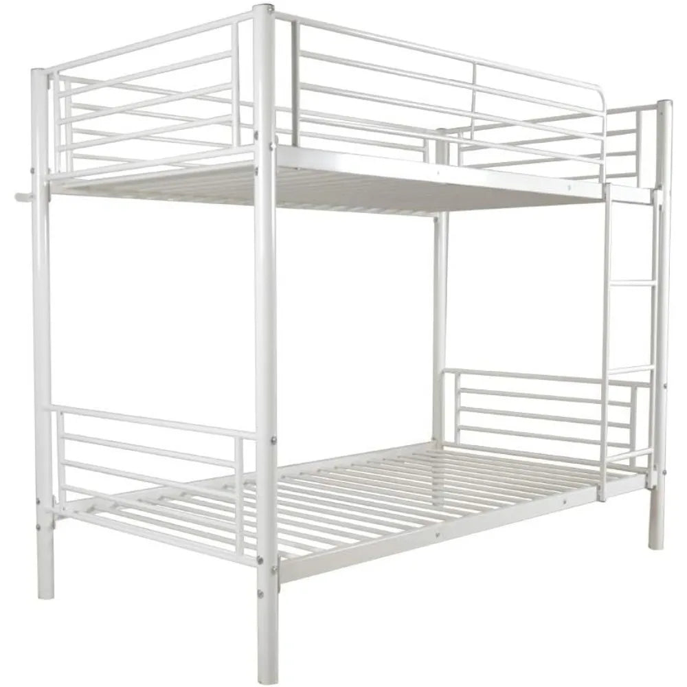 White Bunk Bed Twin Over Twin with 2 Storage Drawers, Metal Bunk Bed with Built-in Ladder