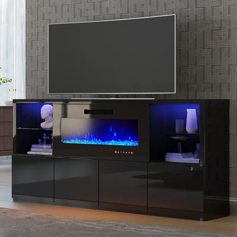 Modern High Gloss 68" Fireplace TV Stand, Entertainment Center & LED Lights for TVs up to 78"