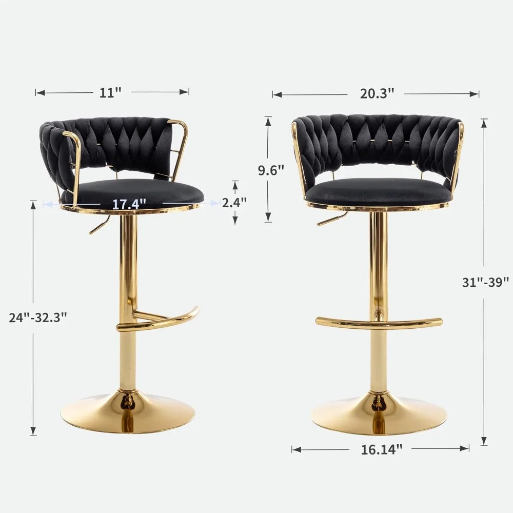 Gold Bar 4 Stools, Counter Height Bar Stools w/Low Back, Velvet Adjustable Height Barstool 360°