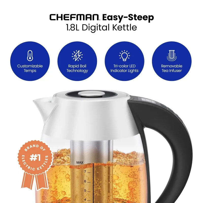 Chefman 1.8L Digital Rapid-Boil Glass Kettle w/ 7 Temperature Presets and Tea Infuser