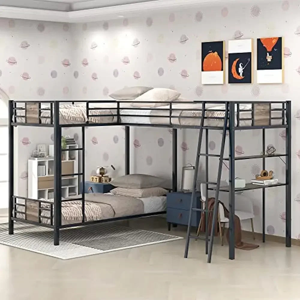 Triple Bunk Bed/Desk and Shelf/Metal L-Shaped Loft Bed Twin Over Twin 3 Kids Teens Adults