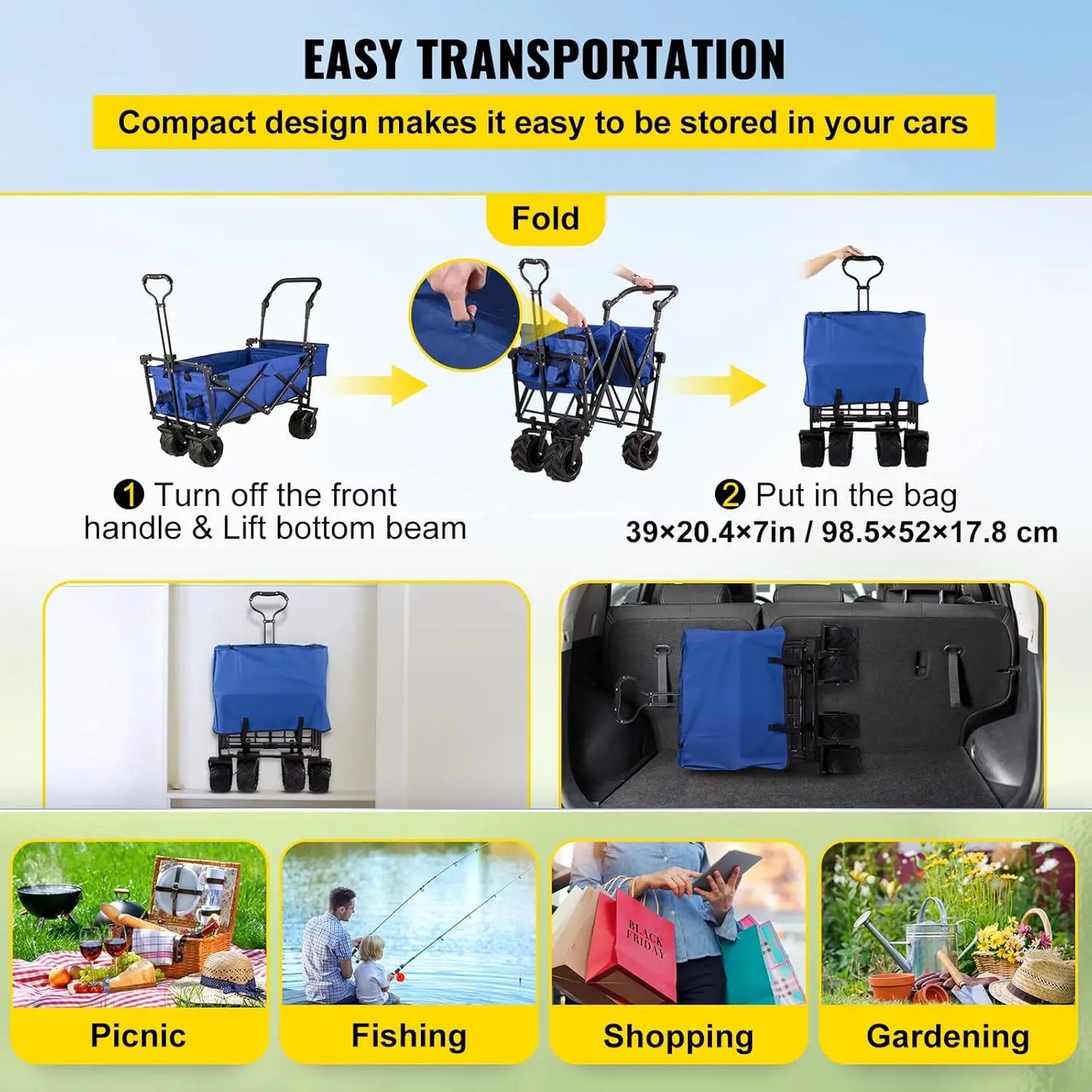 Extra Large Collapsible Garden Cart/Wagon with Removable Canopy 220lbs Capacity w/ Rear Storage Blue