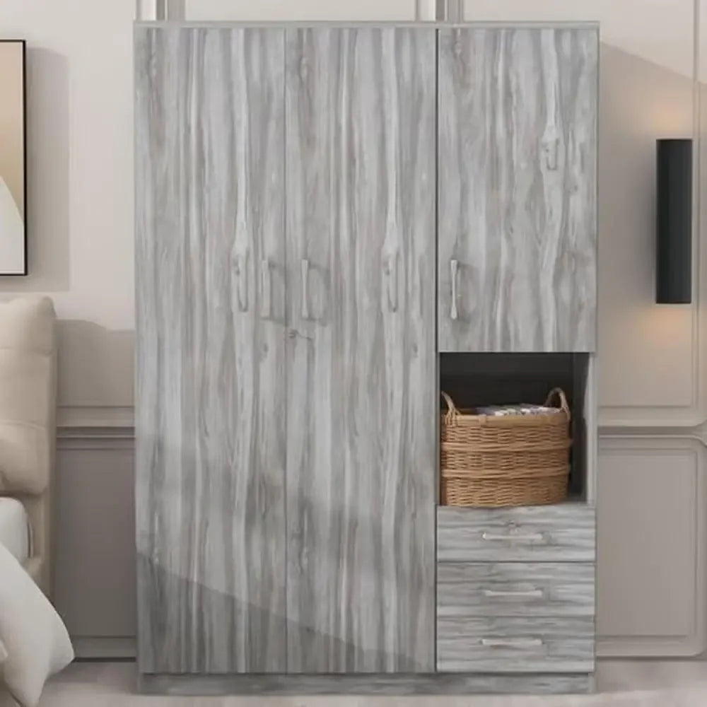 Wooden Wardrobe Organizer with Hanging Rod & Drawers Modern Bedroom Armoire Storage Solution