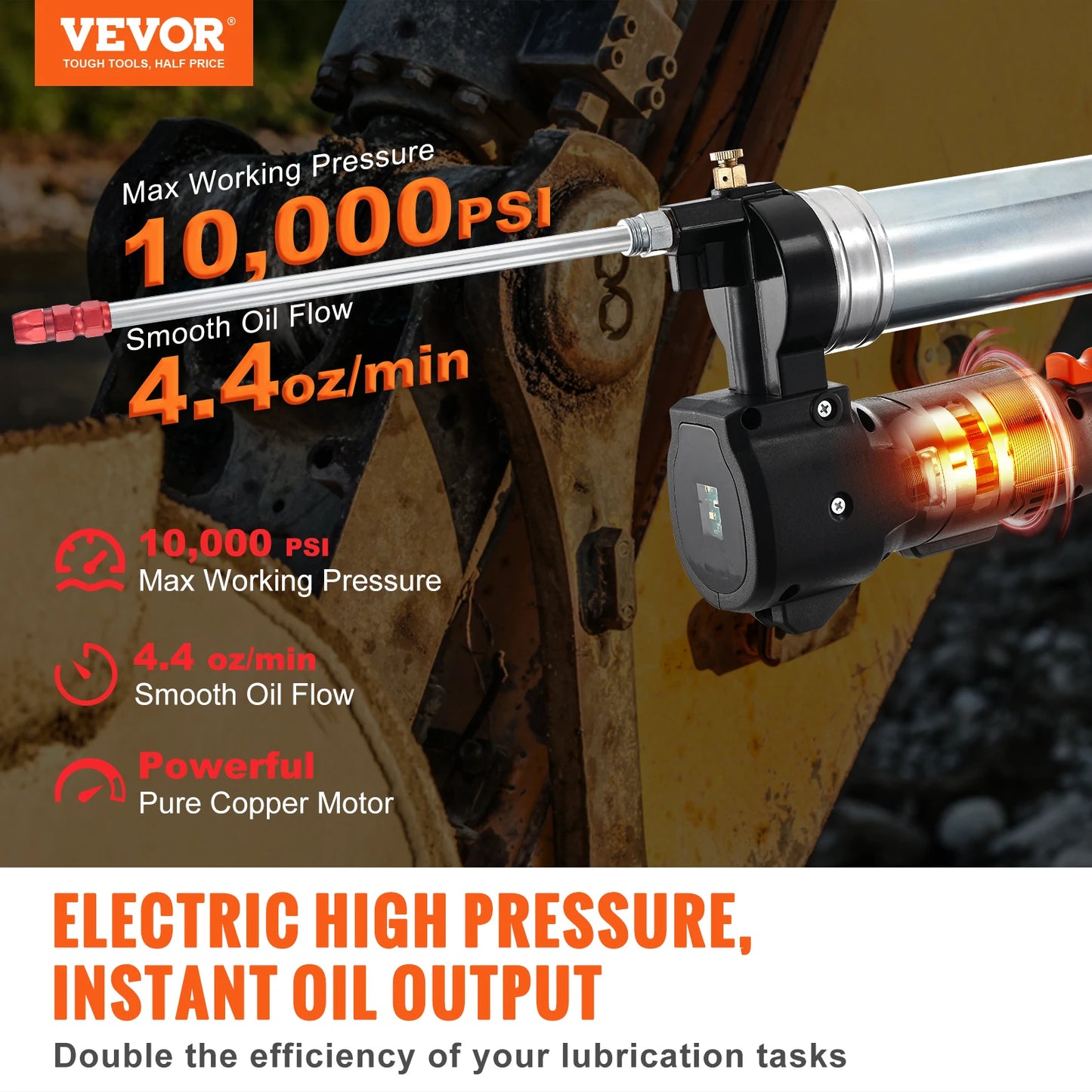 VEVOR 10000 PSI 20 Volt Electric Cordless Grease Gun Kit High Pressure Battery/Carrying Case/Charger