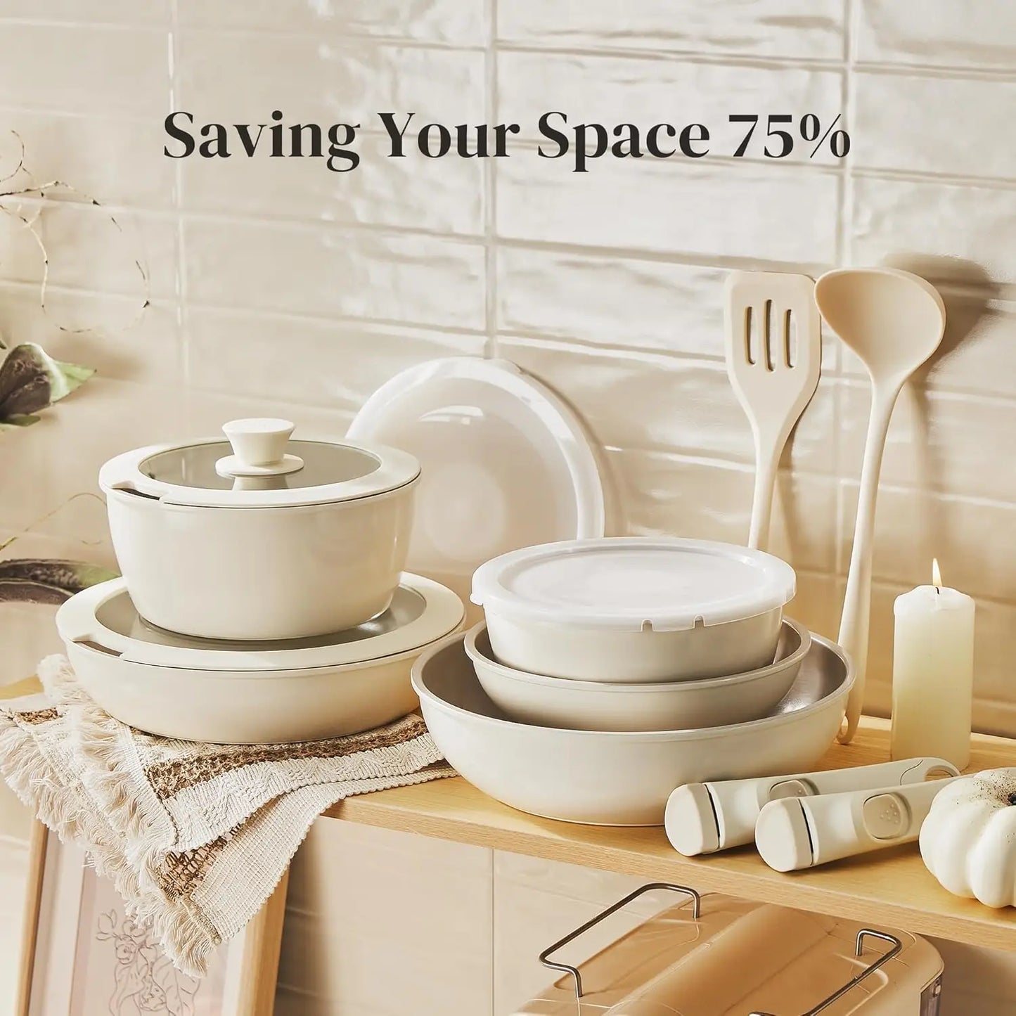 Nonstick Ceramic Cookware Set with Detachable Handle, 16-Piece Oven Safe Pots and Pans