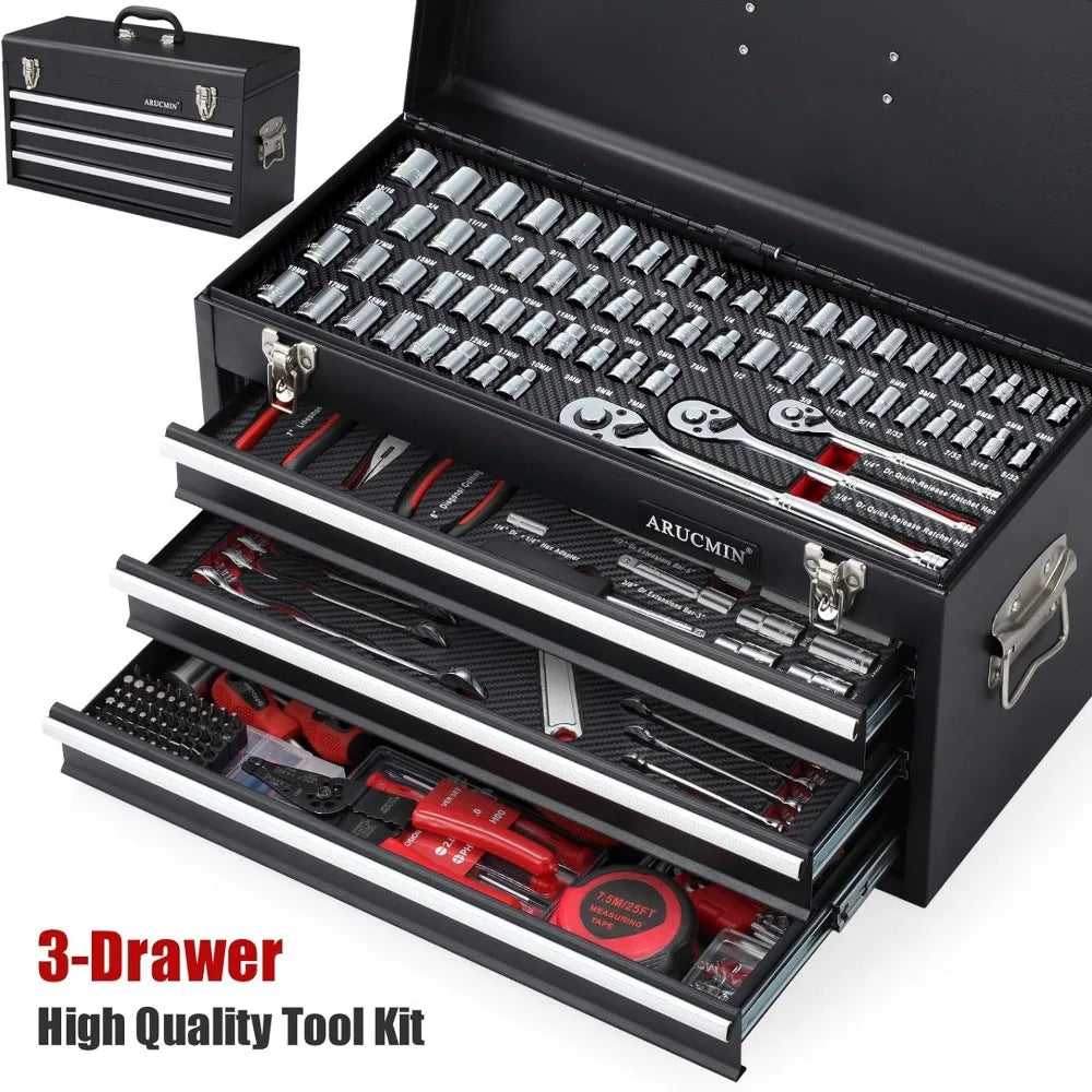 ARUCMIN 438-Piece Mechanics Tool Set with 3-Drawer Heavy Duty Metal Box Repair Tool Kit