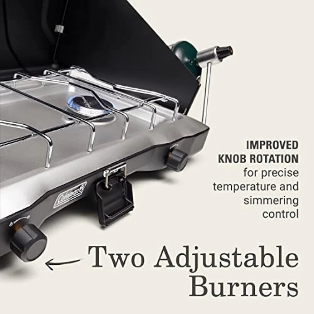 2-Burner Propane Camping Stove, Portable Camping Grill/Stove with Adjustable Burners, Wind Guard