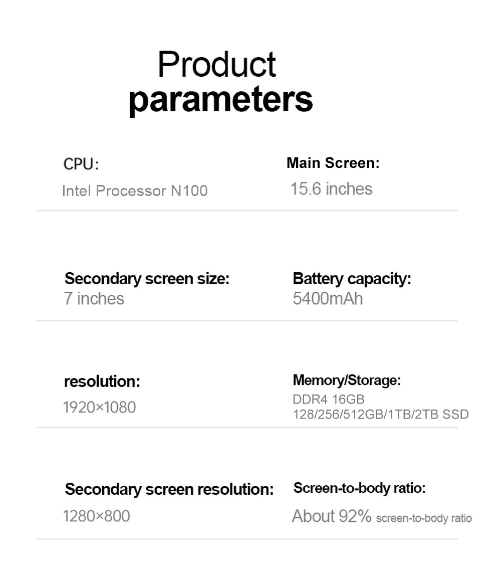 CRELANDER X15 Dual Screen Laptop 15.6" IPS+7" Touch Screen 16G DDR4 2TB SSD Intel N100 Windows11
