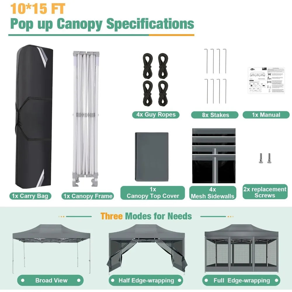 Canopy Tent 10x15 Heavy-Duty, Pop-Up Gazebo with Mosquito Netting, Waterproof Canopy with Sidewalls