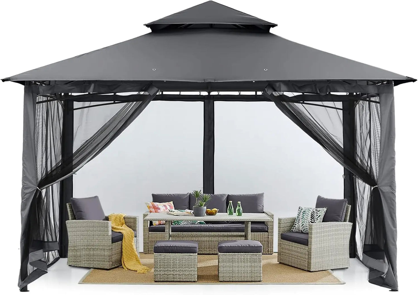 Outdoor Garden Gazebo w/Steel Frame & Netting Walls 10x10 Black- Rustproof & Stable Double Tiered