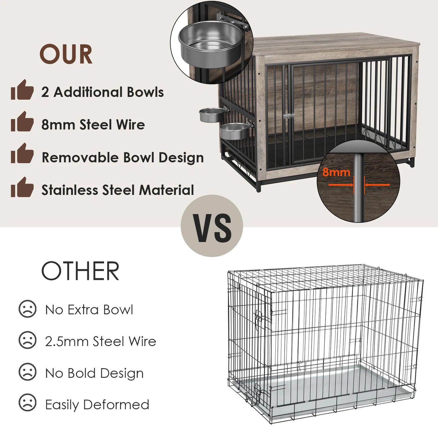 Furniture Style Dog Crate,Wooden Heavy Duty/ Raised Feeder/Dogs 2 Stainless Steel Bowls Brown/Gray