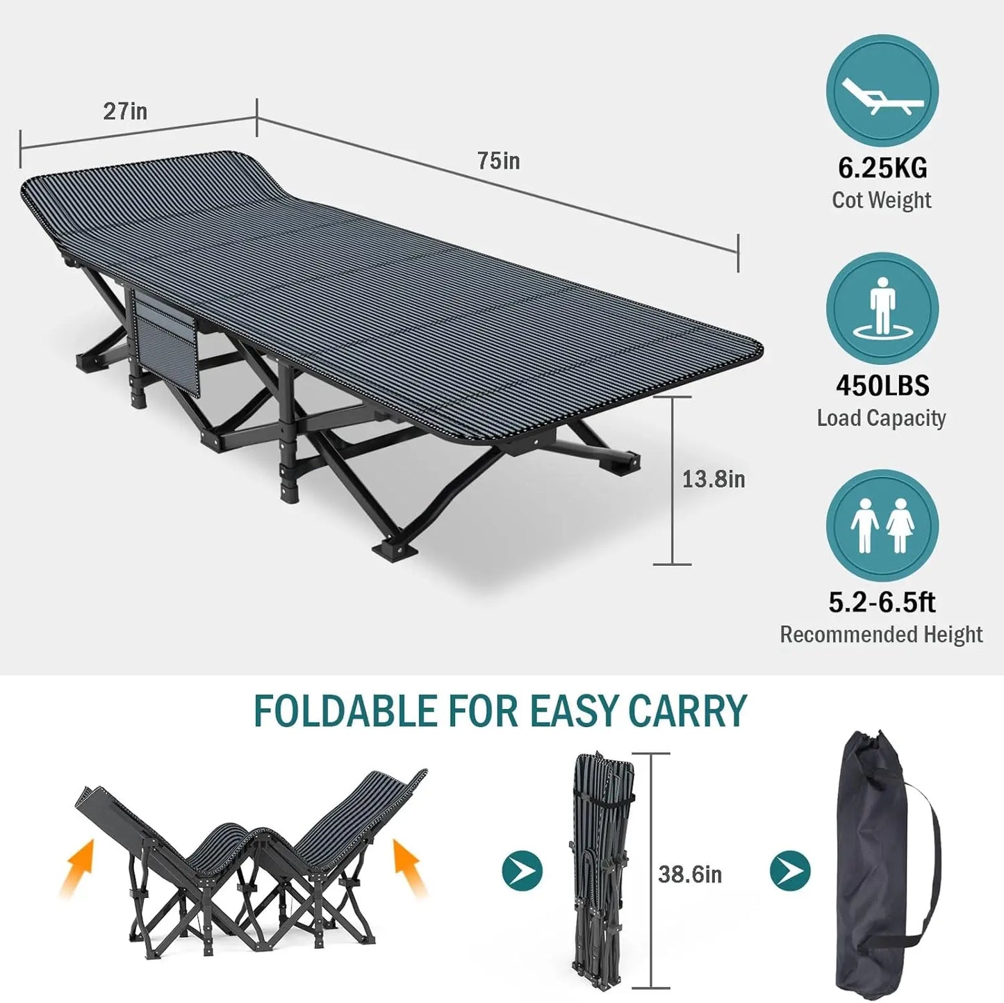 Cot/Folding Bed w/Comfortable Cushion Portable Sleeping Bed w/ Carry Bag