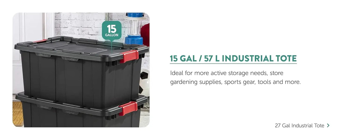 6 Pack Hinged Lid Industrial Totes, 12 Gal Stackable Storage Bins, Black/Red Lid