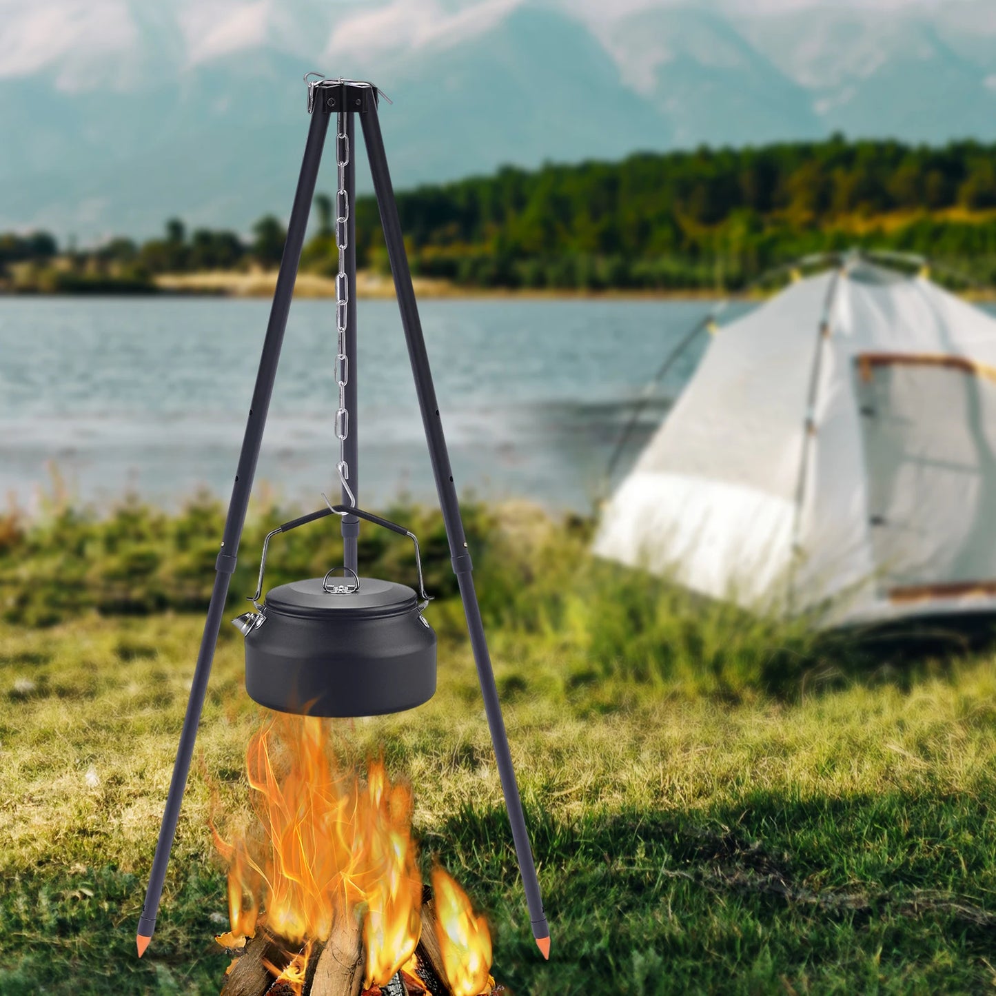 Camping Tripod Lantern Hanger with Storage Bag Stainless Steel Triangle Hanging Pot Rack