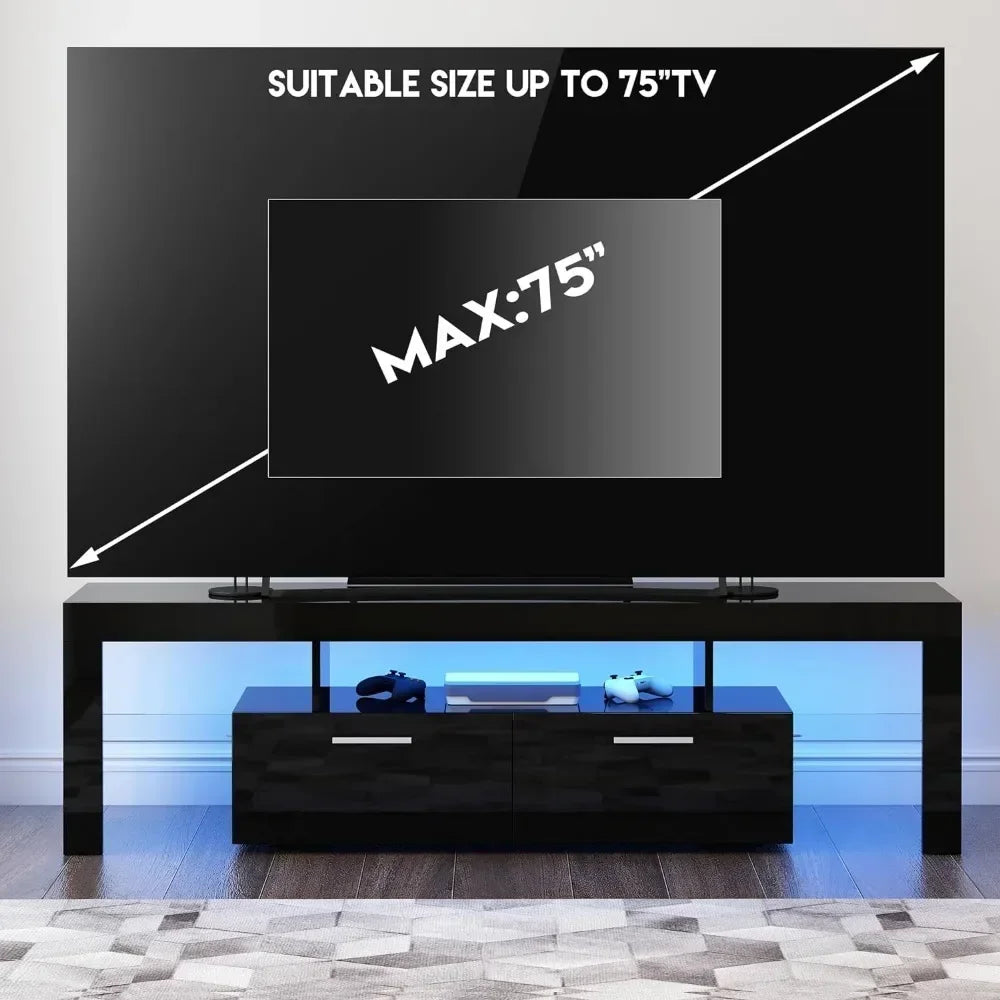 Black TV Stand for 55+/65+/70/75 In TV, Entertainment Center, LED Media Console, TV Table