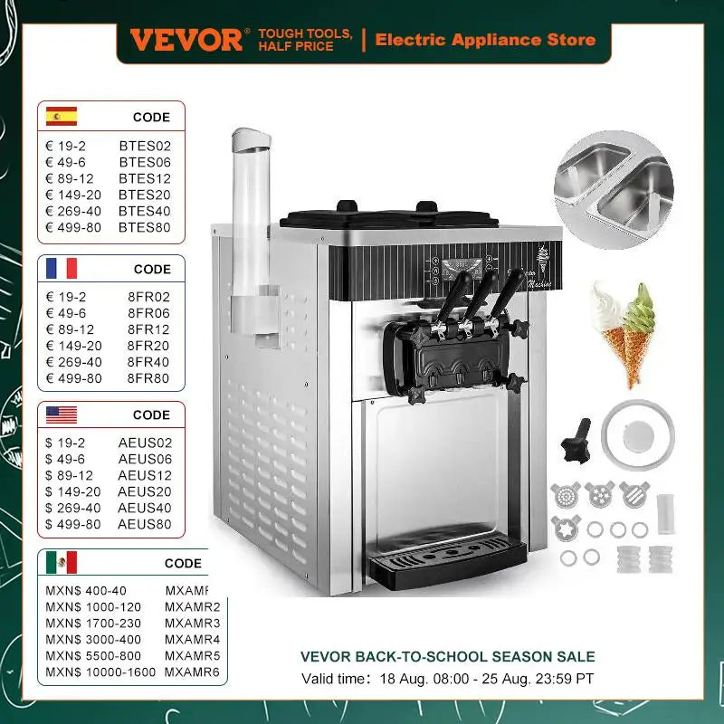 VEVOR 28L/H Soft Ice Cream Machines Commercial Sorbet Coolers Tricolor Desktop Sweet Cone