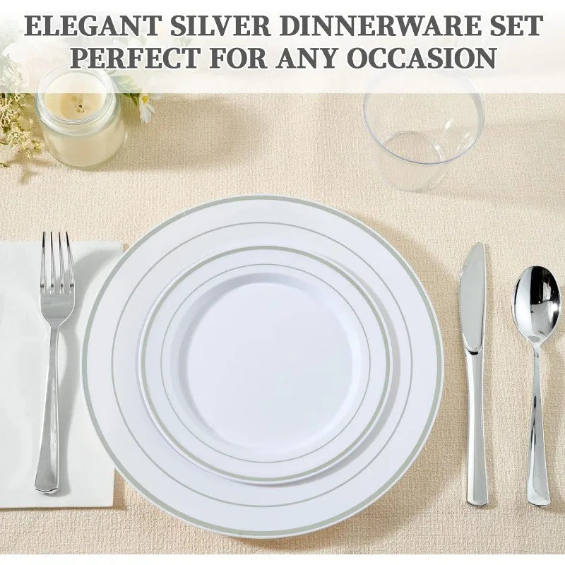 600pcs Dinnerware Set for 100 Guests, Silver Rimmed Plastic Plates Disposable, Dinner Plates, Dessert Plates, Cups