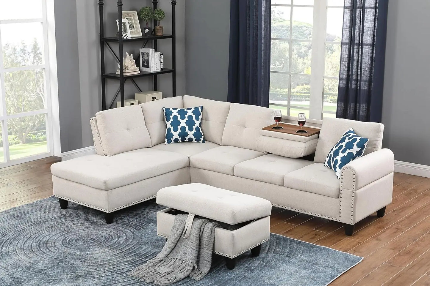 Faux Leather Sectional Sofa with Removable Storage Ottoman,L-Shape Upholstered 6 Seater Couch