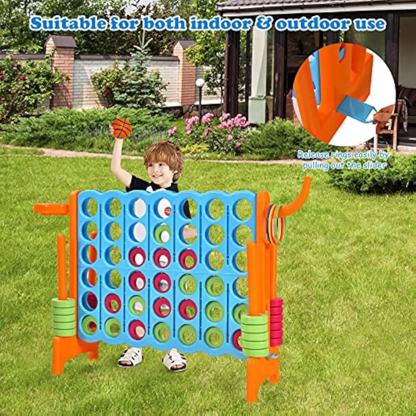 4-in-A-Row Giant Game w/Basketball Hoop, Ring Toss, 42 Jumbo Rings without carrying bag