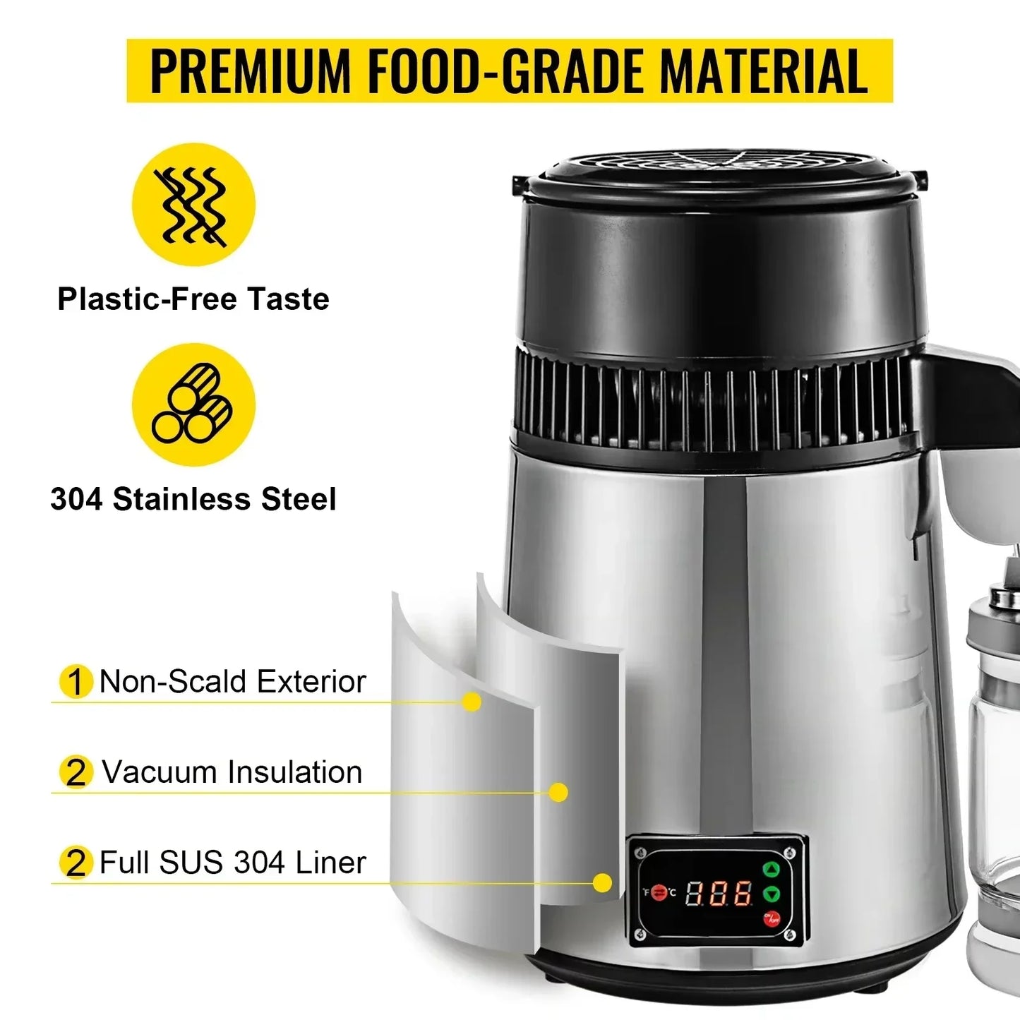 VEVOR Silver Water Distiller Machine 750W Adjustable Temperature Water Distiller 4L