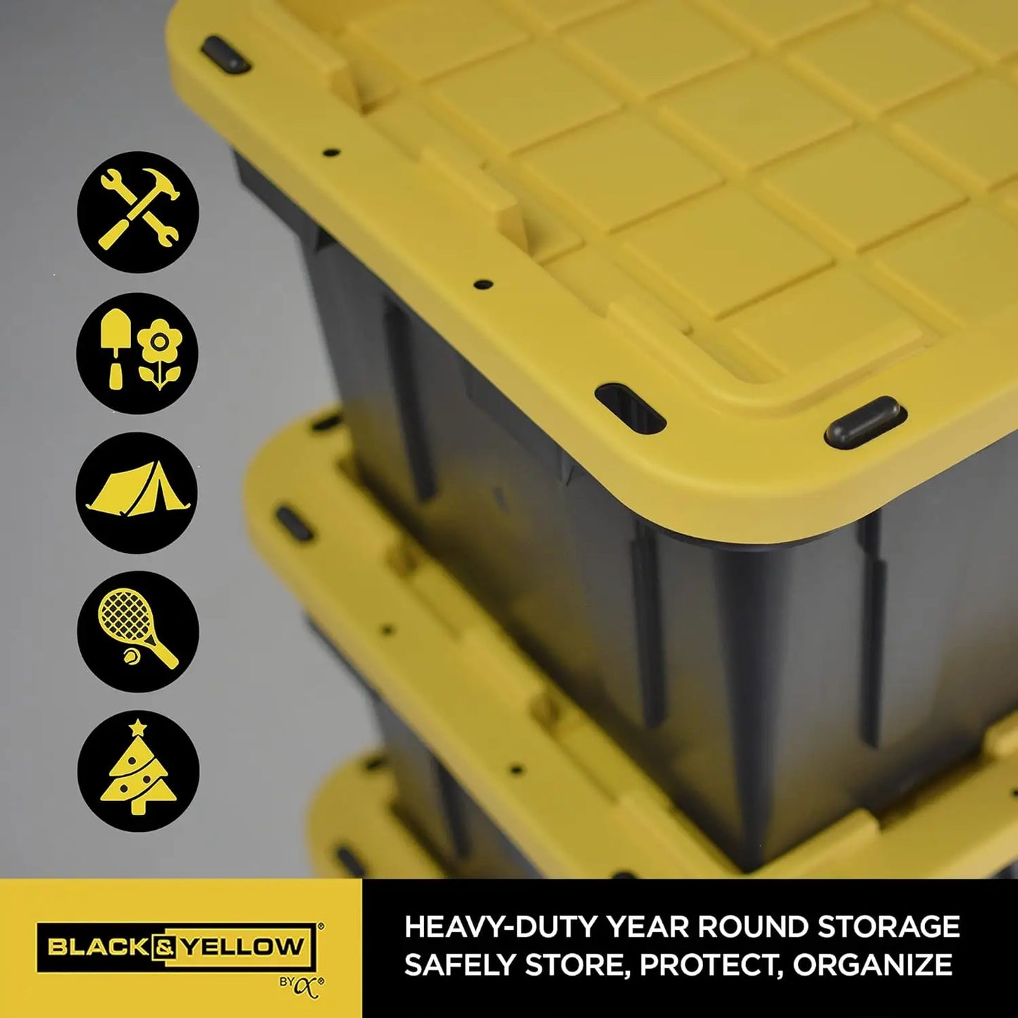 Black&Yellow 17-Gal Heavy Duty Tough Storage Container&Snap-Tight Lid,(12.5”Hx18”Wx26.9”D), [4 Pack]
