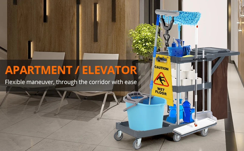 Cleaning Janitorial Cart On Wheels,25 Gallon Vinyl bag, Extra-Large Front Platform,Heavy-Duty