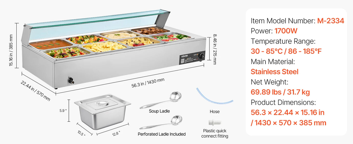 SucceBuy Commercial Food Warmer Electric Stainless Steel Steam Food Warmer with Glass Cover