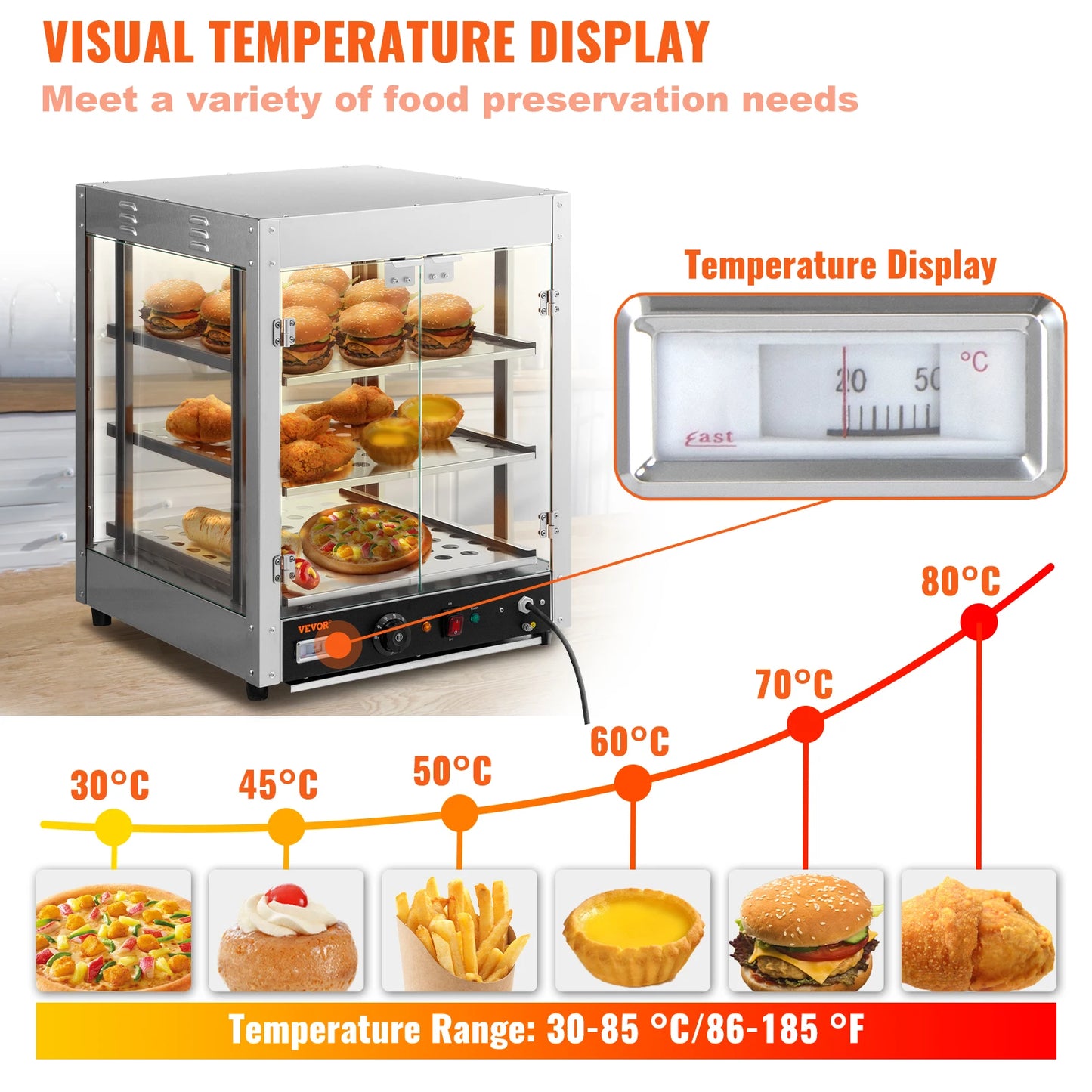 VEVOR 2/3 Tiers Countertop Food Warmer Commercial 3D Heating Pizza Pastry Warmer with Temp Knob