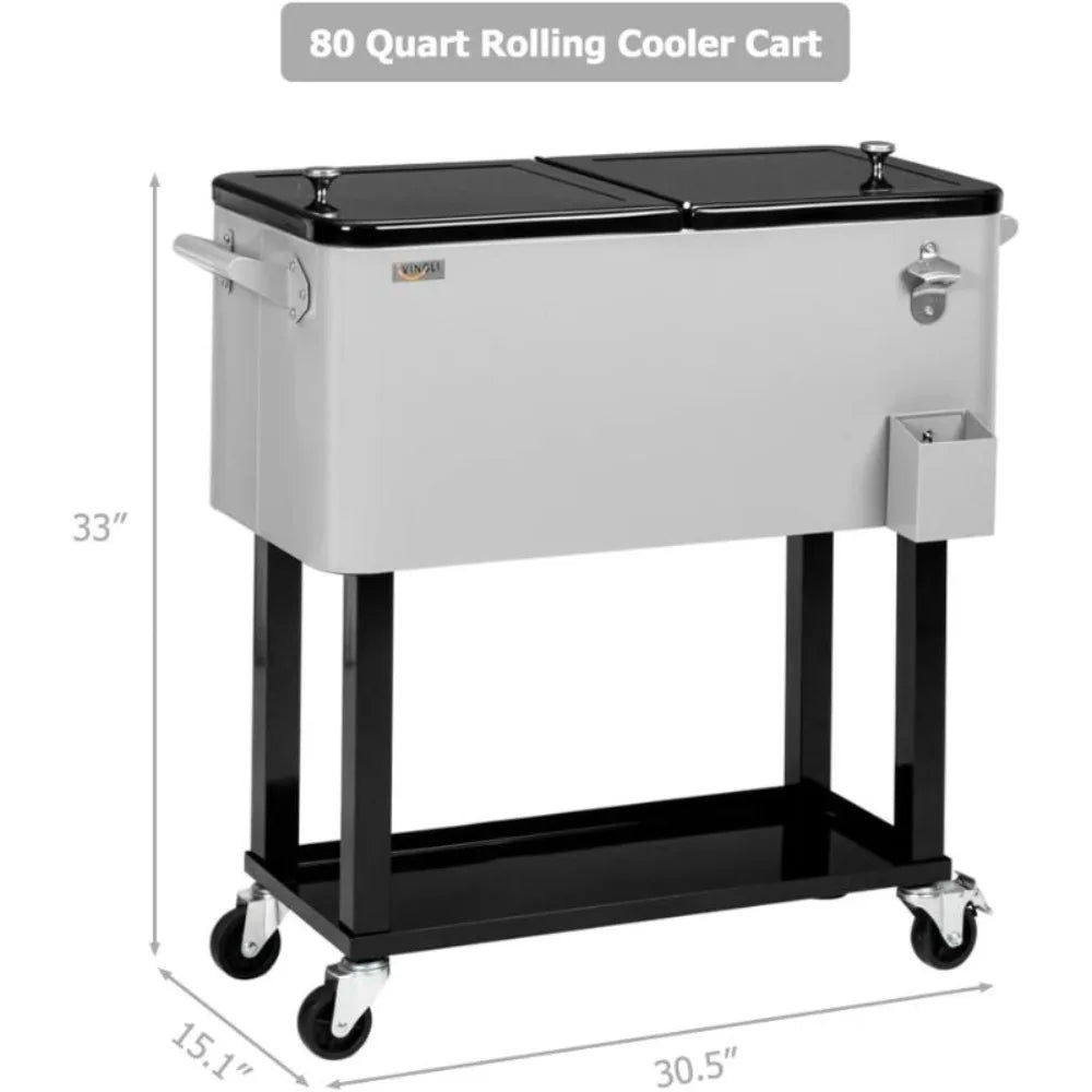 VINGLI Grey 80 Quart Rolling Ice Chest,Portable Patio Party Bar Drink Cooler Cart, w/Shelf