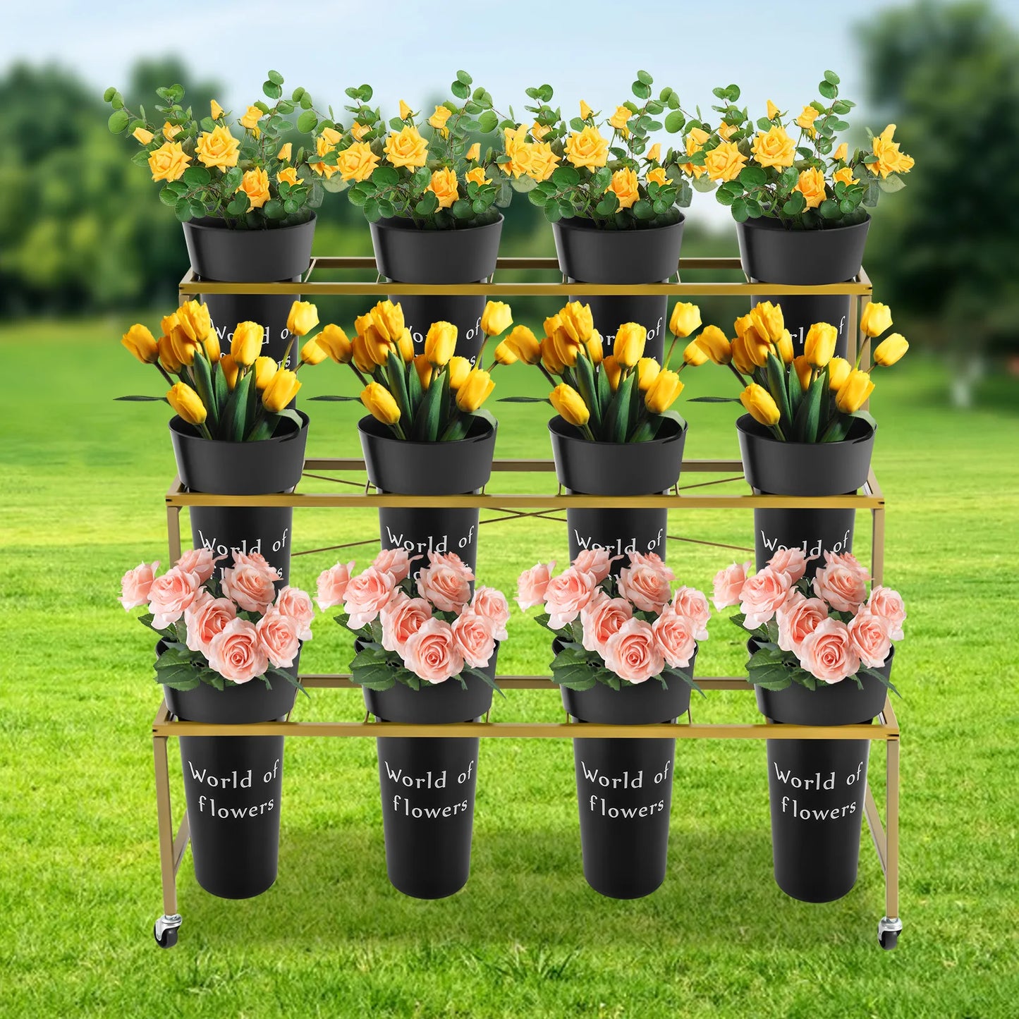 3 Layers Flower Display Stand with 12PCS Black Buckets,Metal Moving Plant Stand w/Wheels Display