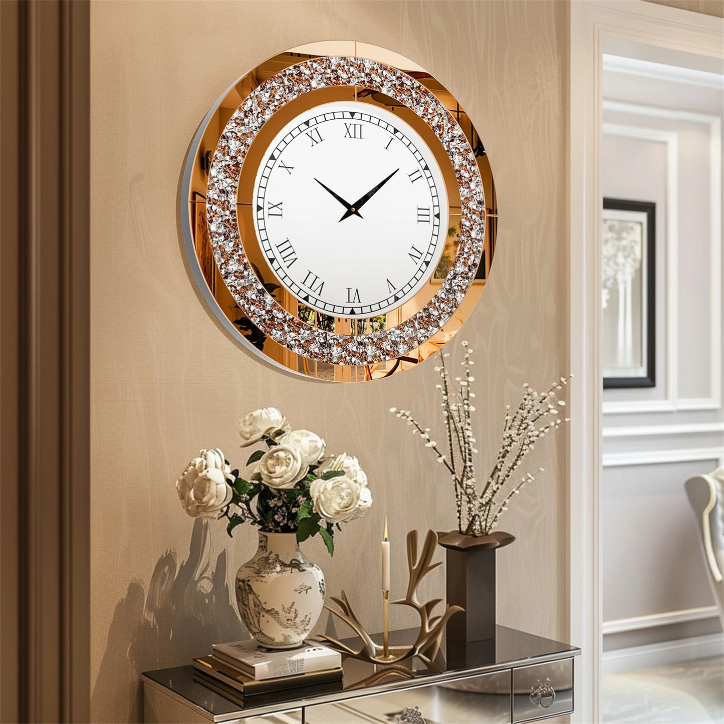 60/80CM Bling Silver Round Mirror Clock Glam Sparkle Twinkle Shining Mirrored Wall Clock
