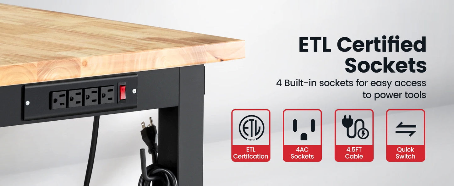 Workbench for Garage Adjustable Height Work Bench with Pegboard Power Outlets Rubber Wood Tabletop