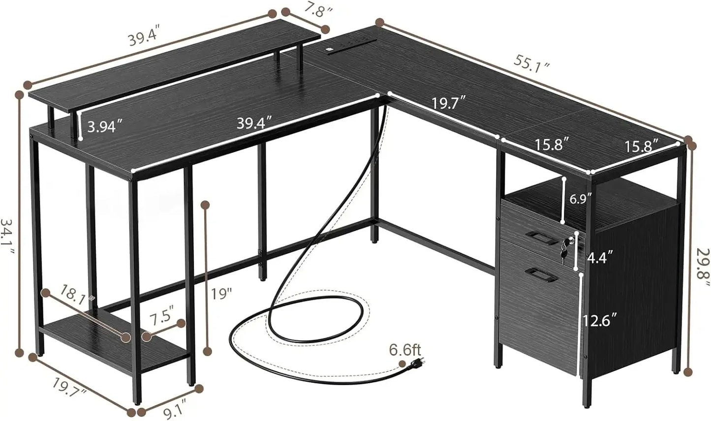 Reversible Computer Desk w/Power Outlets & File Cabinet L Shaped Corner Desk/Monitor Stand & Shelves