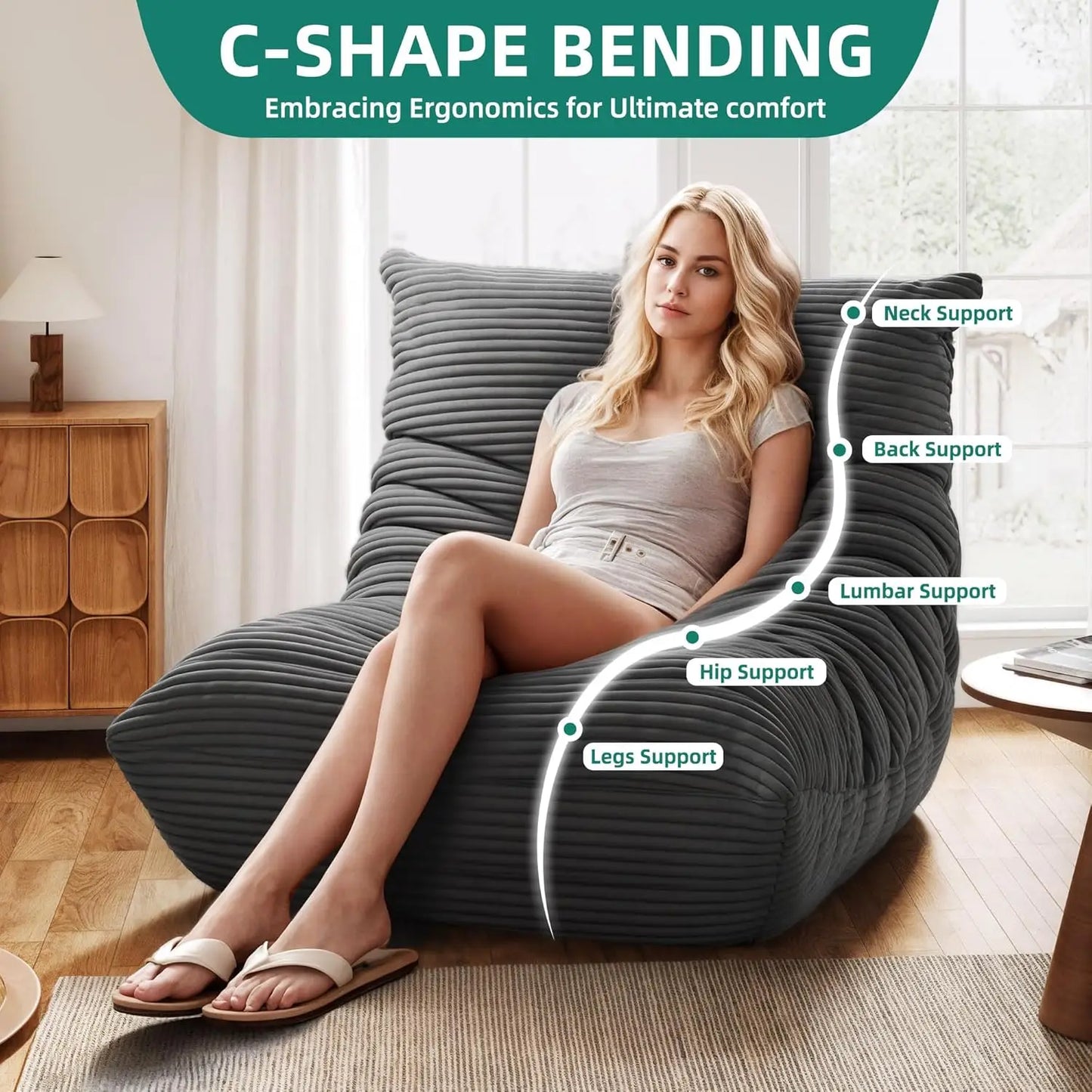 Bean Bag Chairs for Adults, Giant Lazy Floor Sofa with Memory Foam, Comfy Corduroy Fireside Chair