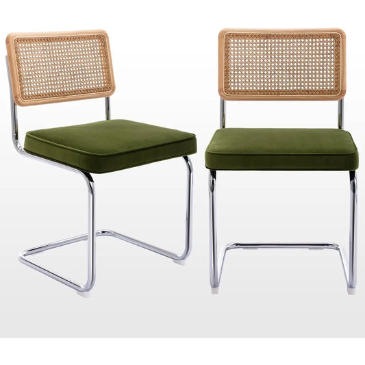 Mid Century Modern Dining Chairs , Velvet Accent w/Natural Cane Back & Stainless Chrome Base 2 SET