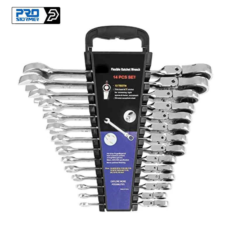 14-Piece Ratcheting Wrench Set , SAE 1/4”-7/8”  Flex Head Combination Wrench Rack PROSTORMER