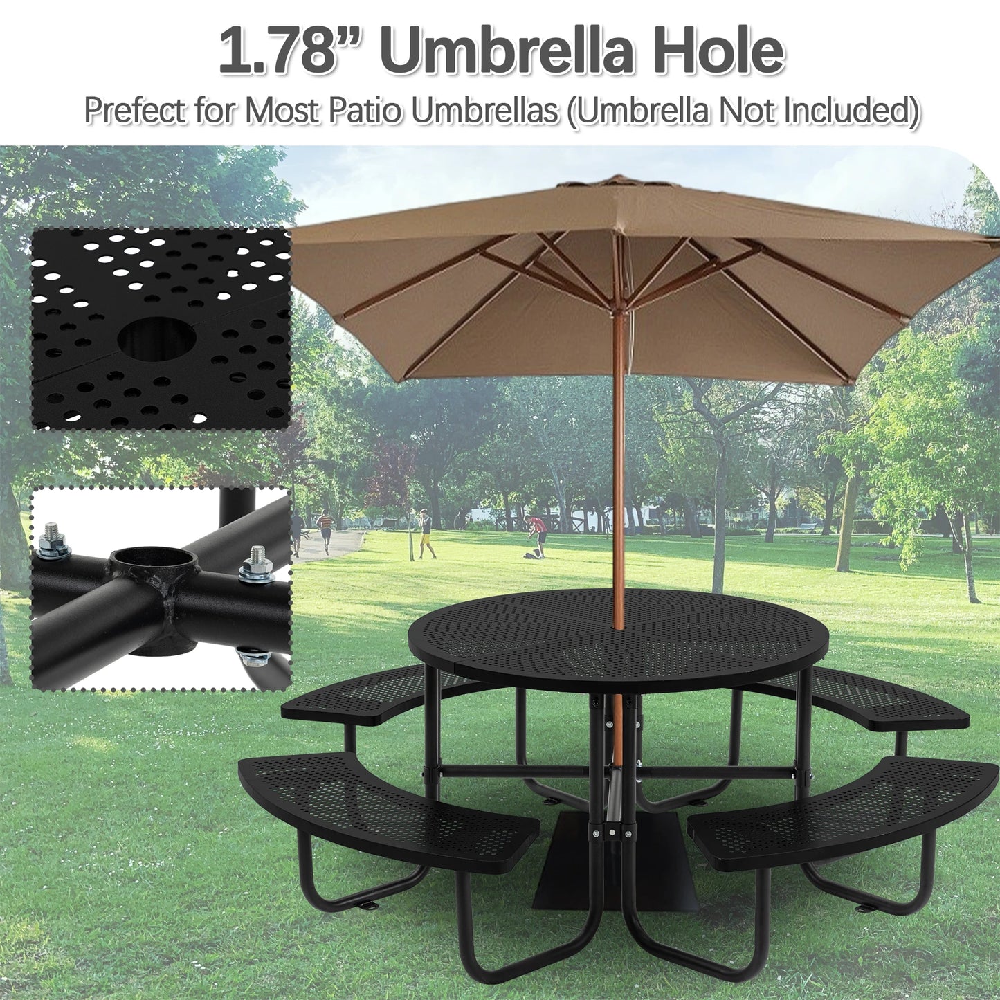 LZBEITEM Round Metal Picnic Table with Umbrella Hole, 46" Steel Portable Picnic Table Courtyard BBQ
