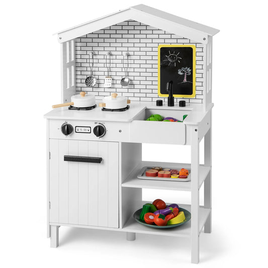 Kids Farmhouse Kitchen Play Set Wooden Pretend Toy with Storage & Accessories