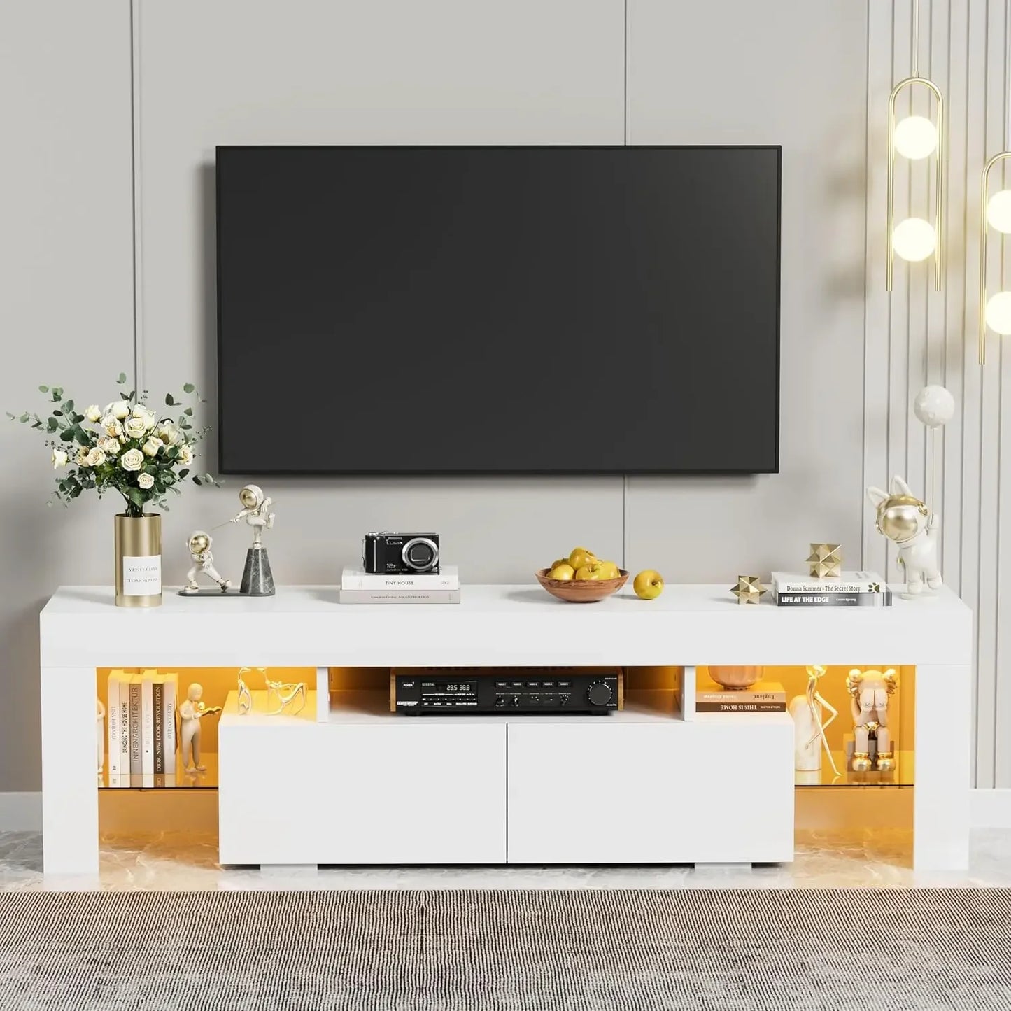 Modern LED TV Stand for Televisions up to 70 Inch w/Glass Shelves and Drawer, Gaming Entertainment