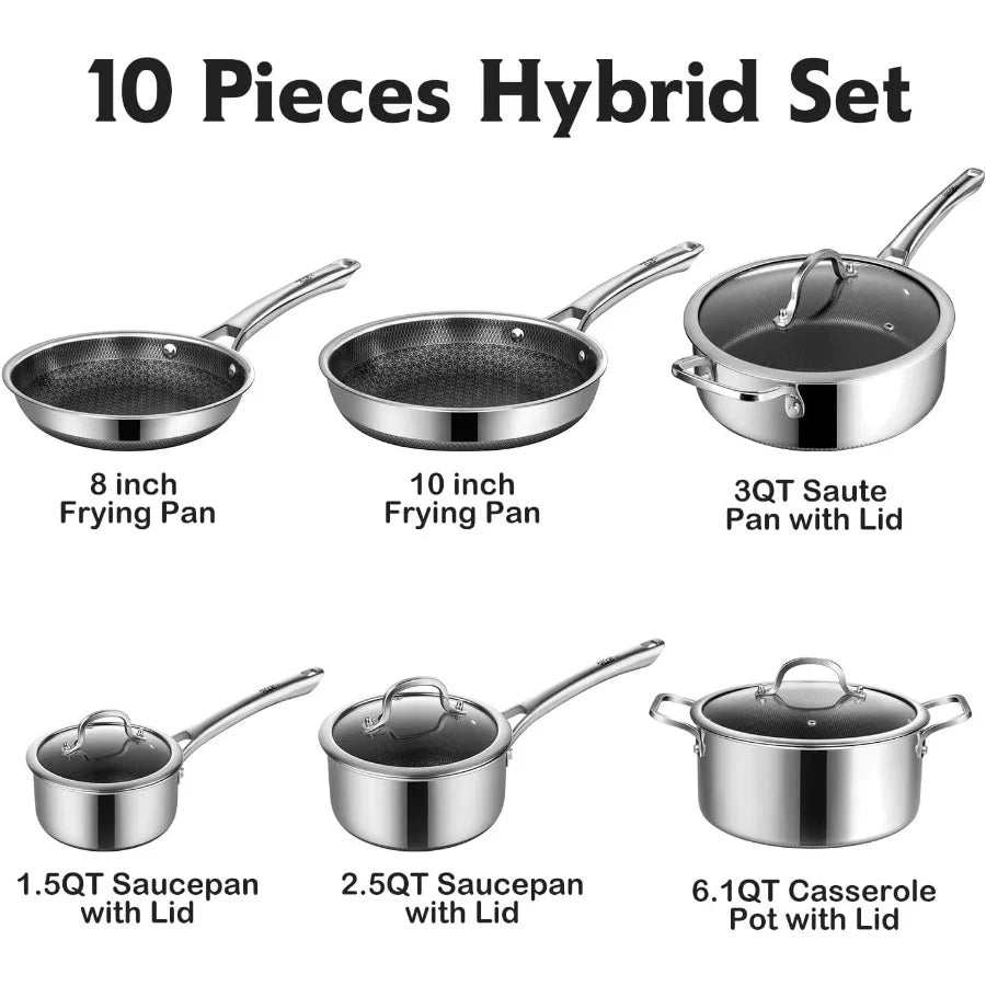 Pots and Pans Set Non Stick, 10 Pcs Stainless Steel Cookware Sets, Frying Pans, Saucepans, Saute Pan
