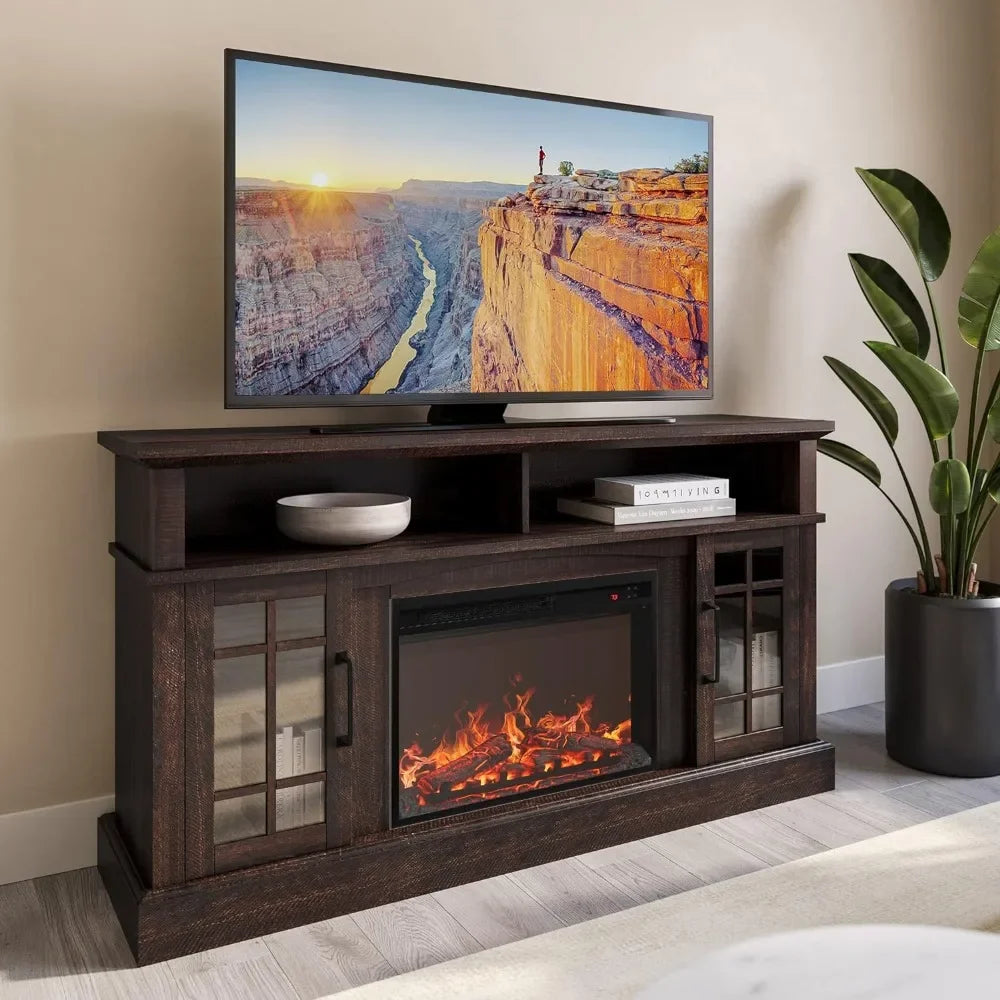 TV Stand w/ 23" Electric Fireplace Heater, Media Entertainment Center Console Table for TV up to 65"