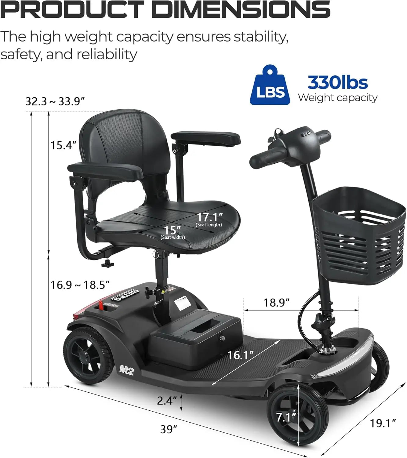 330lbs Max Weight Electric Mobility Scooter 4 Wheel Mobility 10-15 miles Per Charge Wheelchair