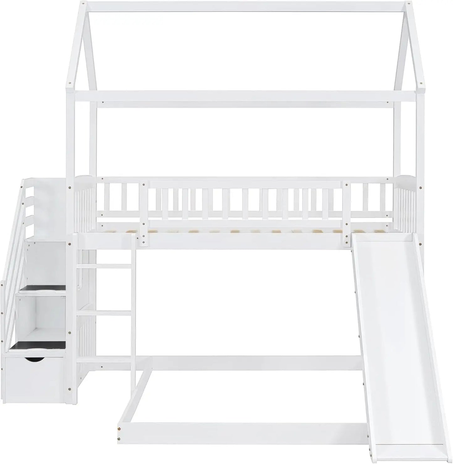 Bunk Bed With Slide, Twin Over Twin Beds W/Stairway & Playhouse & Storage