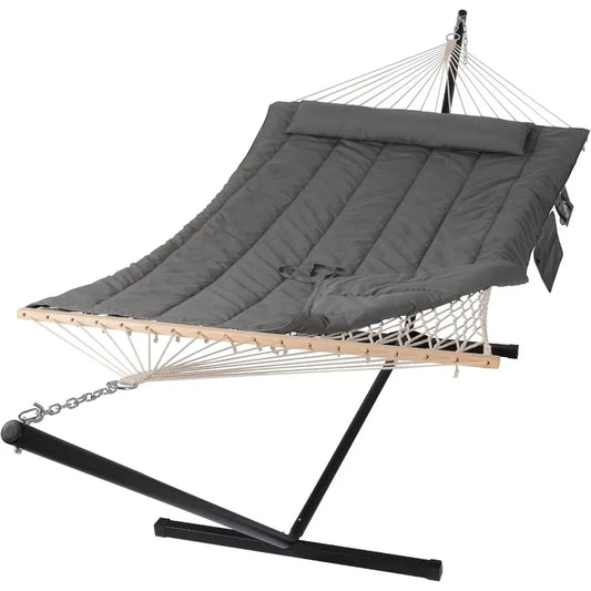 Hammock with Stand, Padded Cotton, Pillow & Strong Curved-Bar & Carrying Bag, Double Hammock