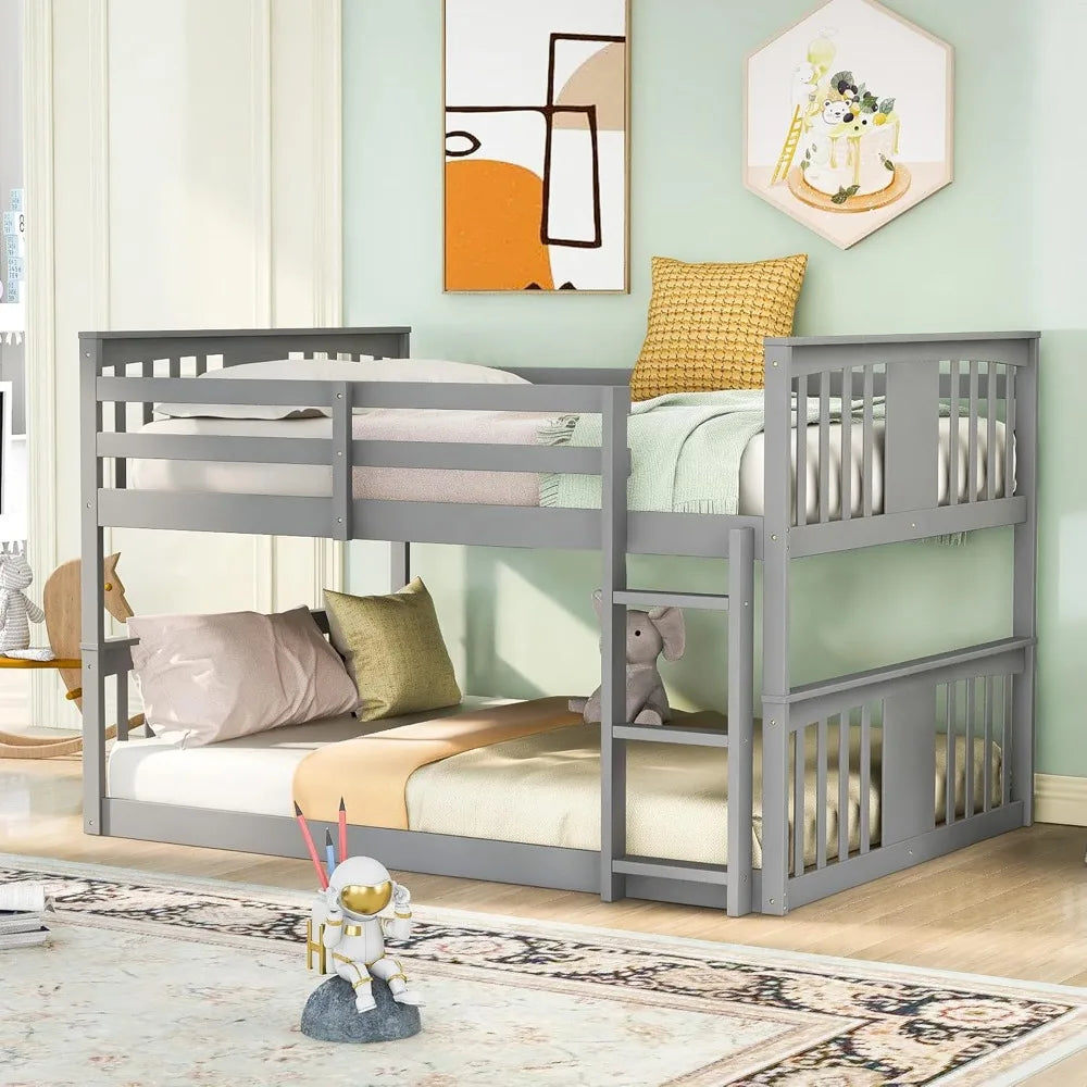 Designs Full Over Full Low Bunk Bed with Headboard and Footboard, Wooden Bunk Bed with Ladder