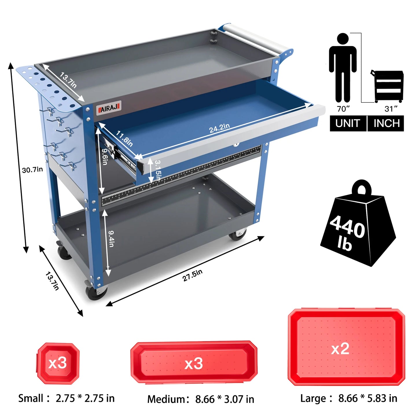 AIRAJ 3 Tier Rolling Tool Cart,Mechanic Tool Cart on Wheels,440 LBS Capacity Tool Storage Cart