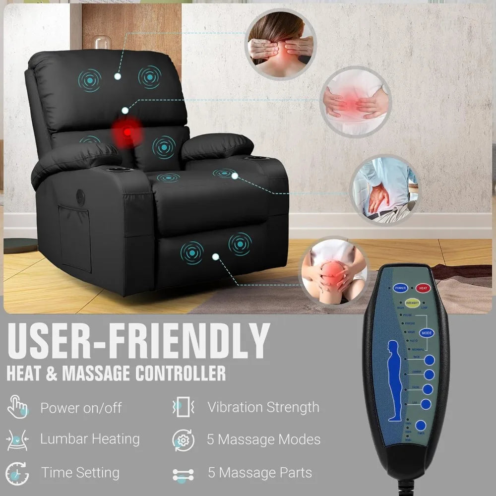 Massage Rocker Recliner Chair with Vibration Massage and Heat, USB and Type-C Ports, 360° Swivel